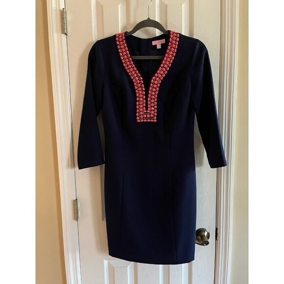 Lilly Pulitzer Bennett Shift Dress True Navy Color Beaded Size 4 - Picture 1 of 5